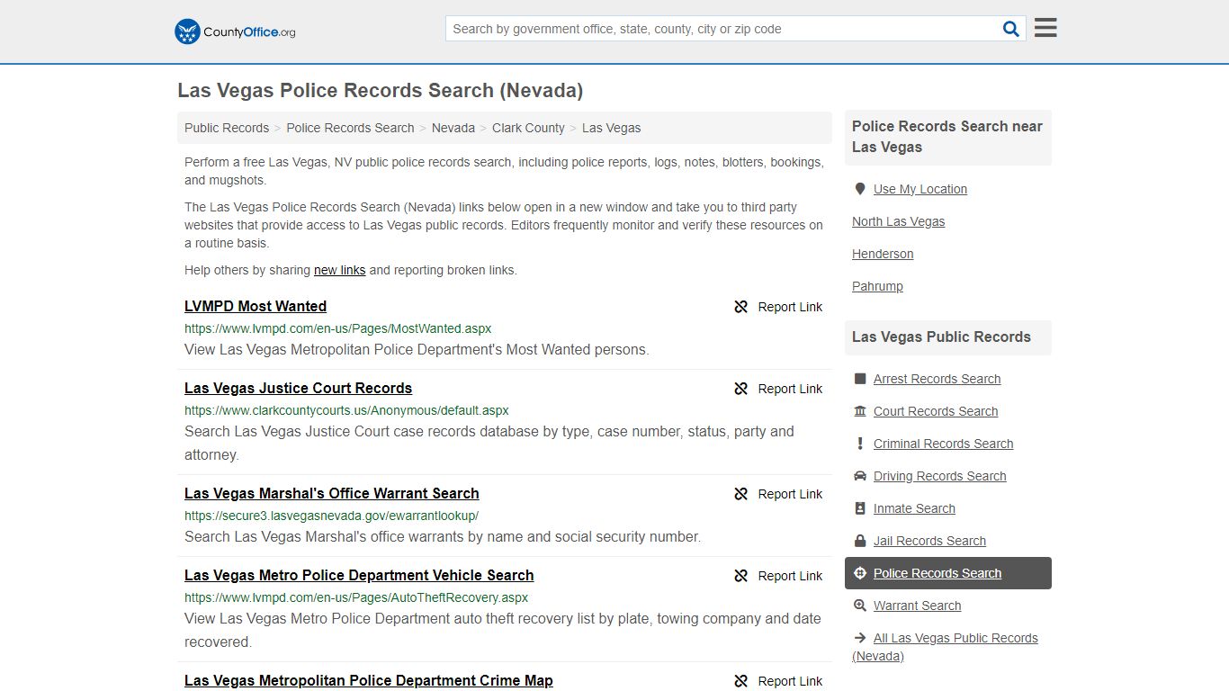 Las Vegas Police Records Search (Nevada) - County Office